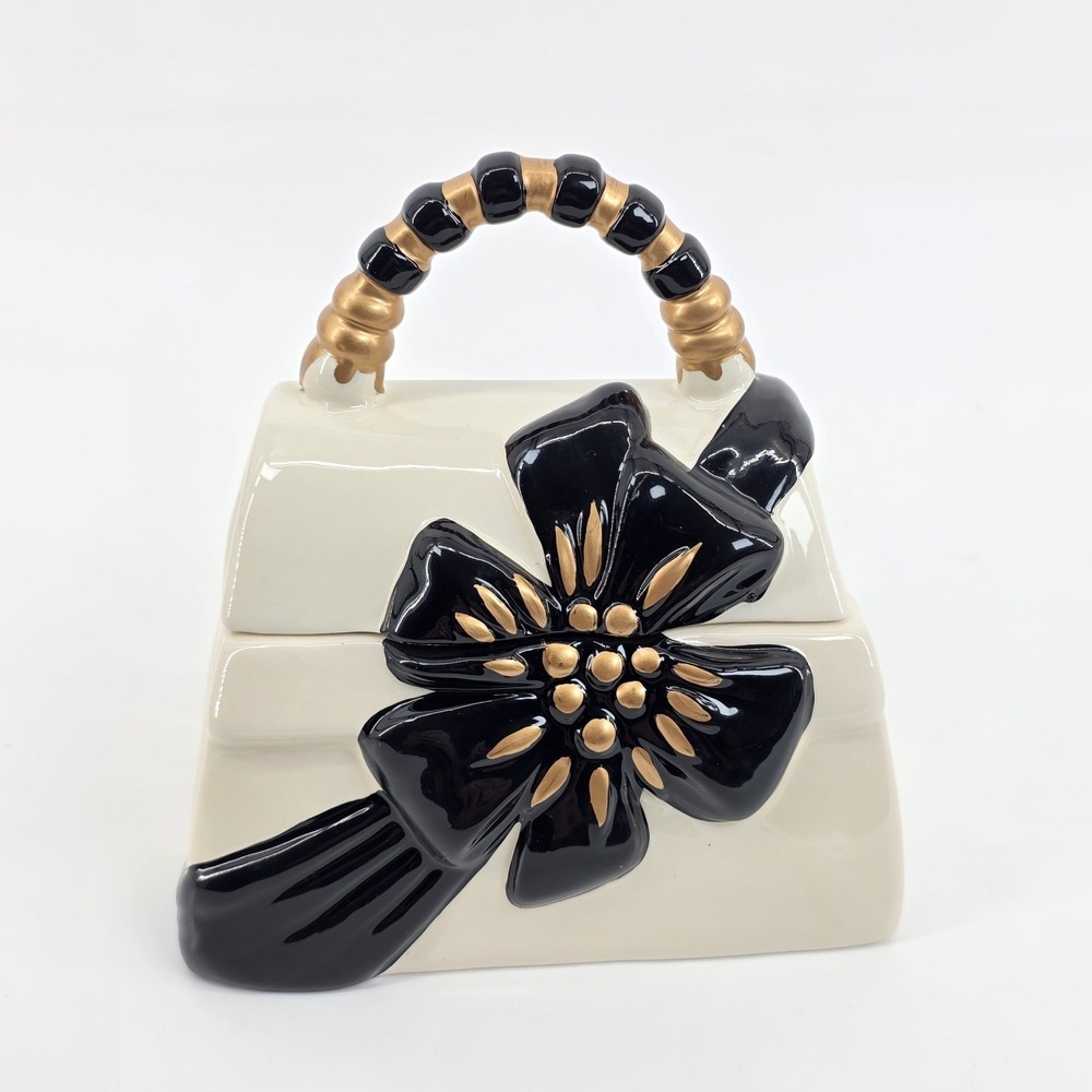 David's Cookies Black & Gold Ribbon Cream Purse Ceramic Cookie Jar 6 1/2" New